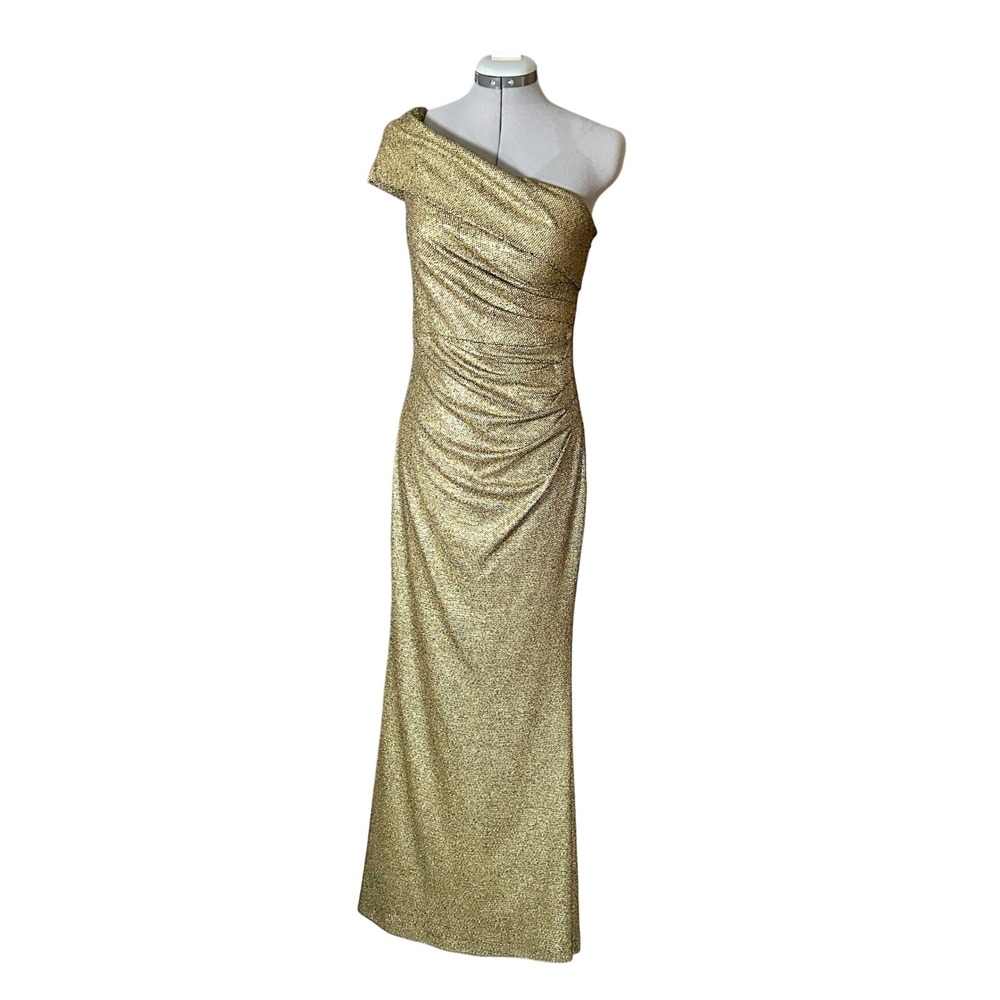 Eliza J Off the Shoulder Fit & Flare Gown Metallic Gold 8‎ Wedding Prom Formal